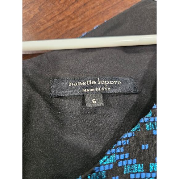 Nanette Lepore Metallic Blue Black Jacquard Sleeveless Fit & Flare Dress  6 NYE - Picture 4 of 8